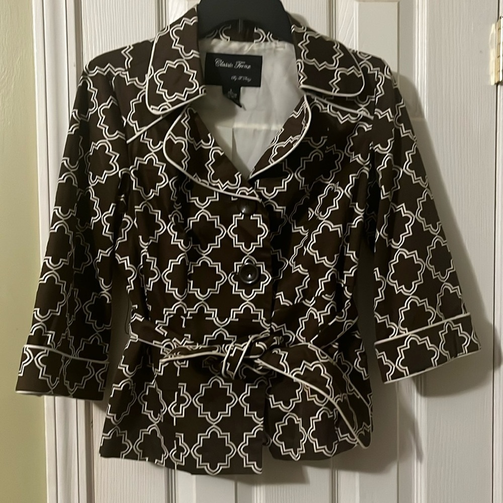 Classic Frenz by T Renz Brown Geometric piped Peplum swing Blazer Jacket S - Picture 1 of 3